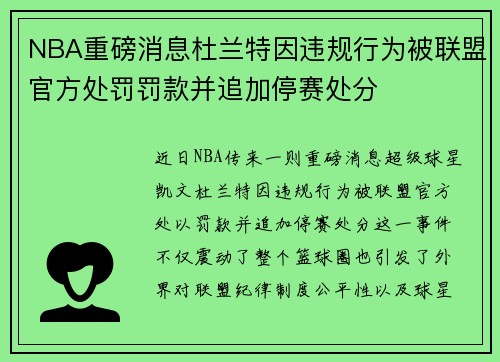 NBA重磅消息杜兰特因违规行为被联盟官方处罚罚款并追加停赛处分